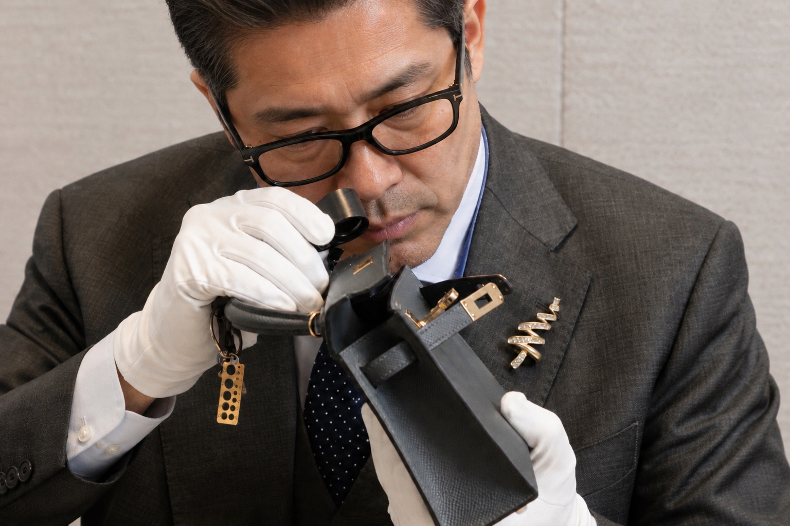 A luxury specialist examining a Hermès handbag with professional authentication equipment